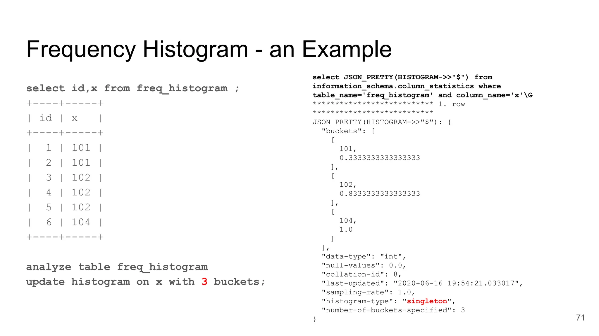 Frequency Histogram - an Example
select id,x from freq_histogram ;
+----+-----+
| id | x |
+----+-----+
| 1 | 101 |
| 2 | 101 |
| 3 | 102 |
| 4 | 102 |
| 5 | 102 |
| 6 | 104 |
+----+-----+
analyze table freq_histogram
update histogram on x with 3 buckets;
71
select JSON_PRETTY(HISTOGRAM->>"$") from
information_schema.column_statistics where
table_name='freq_histogram' and column_name='x'G
*************************** 1. row
***************************
JSON_PRETTY(HISTOGRAM->>"$"): {
"buckets": [
[
101,
0.3333333333333333
],
[
102,
0.8333333333333333
],
[
104,
1.0
]
],
"data-type": "int",
"null-values": 0.0,
"collation-id": 8,
"last-updated": "2020-06-16 19:54:21.033017",
"sampling-rate": 1.0,
"histogram-type": "singleton",
"number-of-buckets-specified": 3
}
 