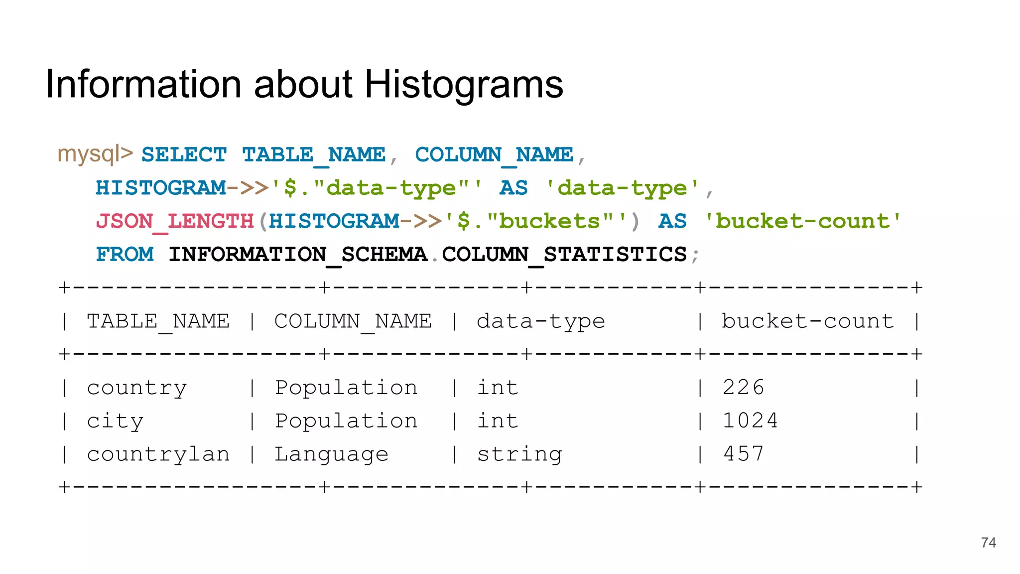Information about Histograms
mysql> SELECT TABLE_NAME, COLUMN_NAME,
HISTOGRAM->>'$."data-type"' AS 'data-type',
JSON_LENGTH(HISTOGRAM->>'$."buckets"') AS 'bucket-count'
FROM INFORMATION_SCHEMA.COLUMN_STATISTICS;
+-----------------+-------------+-----------+--------------+
| TABLE_NAME | COLUMN_NAME | data-type | bucket-count |
+-----------------+-------------+-----------+--------------+
| country | Population | int | 226 |
| city | Population | int | 1024 |
| countrylan | Language | string | 457 |
+-----------------+-------------+-----------+--------------+
74
 