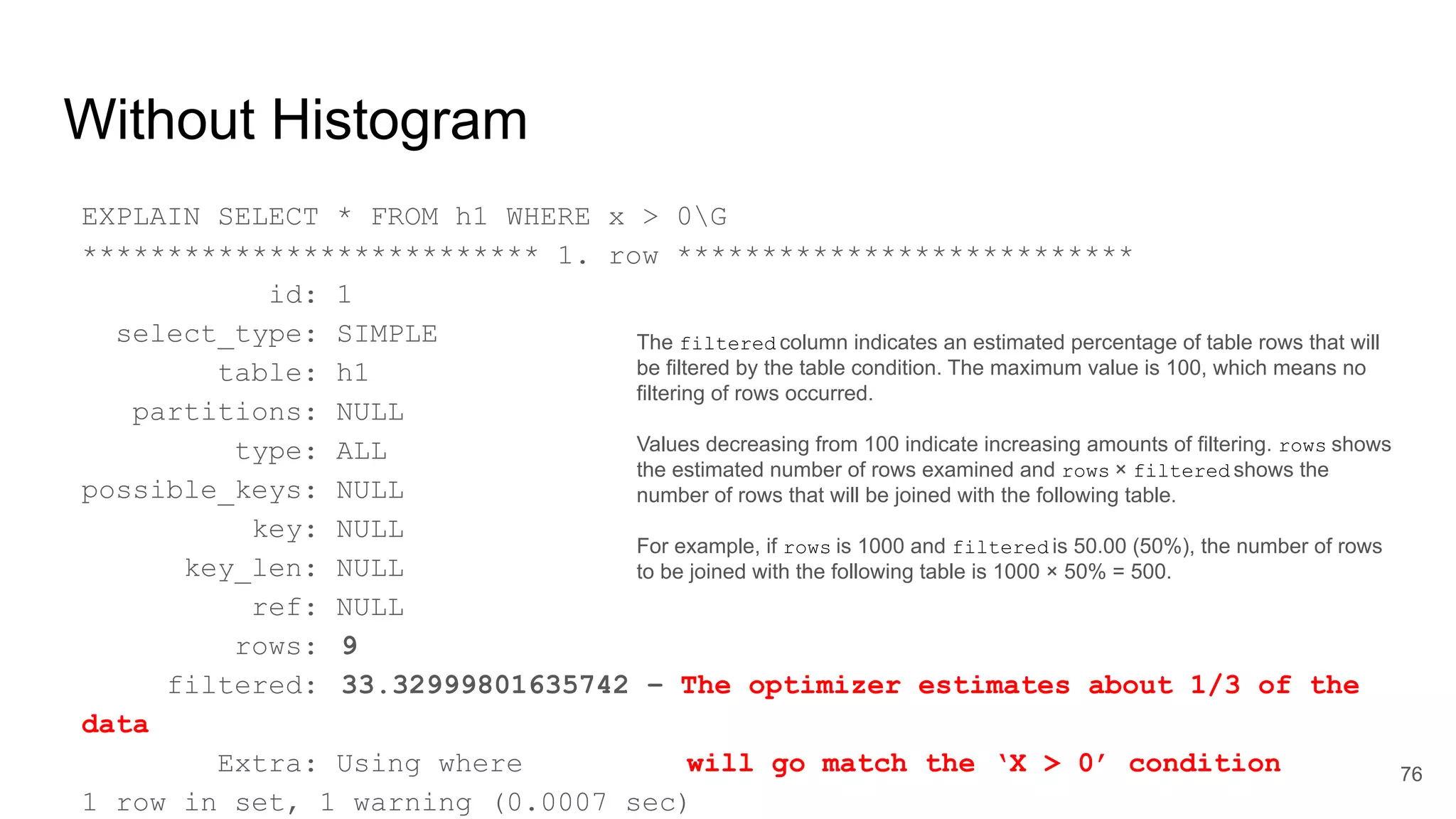 Without Histogram
EXPLAIN SELECT * FROM h1 WHERE x > 0G
*************************** 1. row ***************************
id: 1
select_type: SIMPLE
table: h1
partitions: NULL
type: ALL
possible_keys: NULL
key: NULL
key_len: NULL
ref: NULL
rows: 9
filtered: 33.32999801635742 – The optimizer estimates about 1/3 of the
data
Extra: Using where will go match the ‘X > 0’ condition
1 row in set, 1 warning (0.0007 sec)
76
The filtered column indicates an estimated percentage of table rows that will
be filtered by the table condition. The maximum value is 100, which means no
filtering of rows occurred.
Values decreasing from 100 indicate increasing amounts of filtering. rows shows
the estimated number of rows examined and rows × filtered shows the
number of rows that will be joined with the following table.
For example, if rows is 1000 and filtered is 50.00 (50%), the number of rows
to be joined with the following table is 1000 × 50% = 500.
 