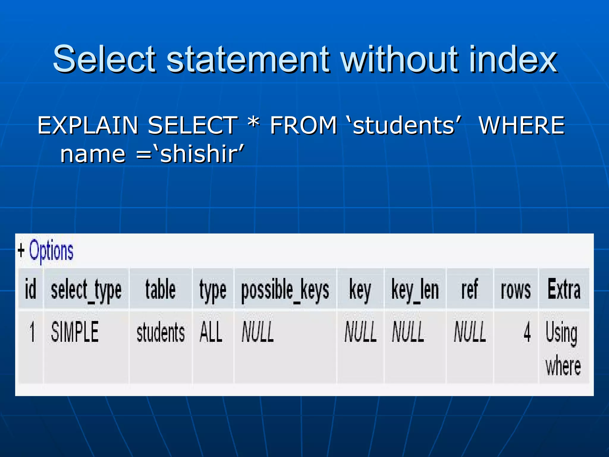 Select statement without index EXPLAIN SELECT * FROM ‘students’ WHERE name =‘shishir’ 