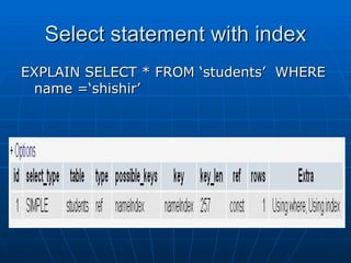 Select statement with index EXPLAIN SELECT * FROM ‘students’  WHERE name =‘shishir’ 