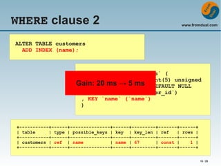 WHERE clause 2

www.fromdual.com

ALTER TABLE customers
ADD INDEX (name);

CREATE TABLE `customers` (
`customer_id` smallint(5) unsigned
Gain: 20 ms → 5 ms DEFAULT NULL
, `name` varchar(64)
, PRIMARY KEY (`customer_id`)
, KEY `name` (`name`)
)

+-----------+------+---------------+------+---------+-------+------+
| table
| type | possible_keys | key | key_len | ref
| rows |
+-----------+------+---------------+------+---------+-------+------+
| customers | ref | name
| name | 67
| const |
1 |
+-----------+------+---------------+------+---------+-------+------+
10 / 29

 
