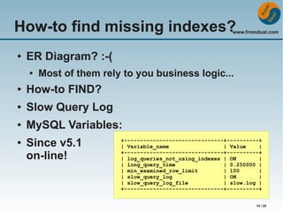 How-to find missing indexes?

www.fromdual.com

●

ER Diagram? :-(
●

Most of them rely to you business logic...

●

How-to FIND?

●

Slow Query Log

●

MySQL Variables:

●

Since v5.1
on-line!

+-------------------------------+----------+
| Variable_name
| Value
|
+-------------------------------+----------+
| log_queries_not_using_indexes | ON
|
| long_query_time
| 0.250000 |
| min_examined_row_limit
| 100
|
| slow_query_log
| ON
|
| slow_query_log_file
| slow.log |
+-------------------------------+----------+
15 / 29

 