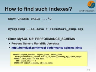 How to find such indexes?

www.fromdual.com

SHOW CREATE TABLE ...G
mysqldump ­­no­data > structure_dump.sql
●

Since MySQL 5.6: PERFORMANCE_SCHEMA
●

Percona Server / MariaDB: Userstats

●

http://fromdual.com/mysql-performance-schema-hints
SELECT
FROM
WHERE
AND
ORDER

object_schema, object_name, index_name
performance_schema.table_io_waits_summary_by_index_usage
index_name IS NOT NULL
count_star = 0
BY object_schema, object_name;

19 / 29

 