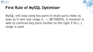 First Rule of MySQL Optimizer
MySQL will stop using key parts in multi parts index as
soon as it met real range (>, <, BETWEEN), it however is
able to continue key parts further to the right if IN (..)
range is used.
 