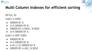 Multi Column Indexes for efficient sorting
KEY(A, B)
Index is USED
● ORDER BY A
● A=5 ORDER BY B
● ORDER BY A DESC, B DESC
● A>5 ORDER BY A
Index is NOT USED
● ORDER BY B
● A>5 ORDER BY B
● A IN (1,2) ORDER BY B
● ORDER BY A ASC, B DESC
 