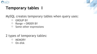 Temporary tables I
MySQL creates temporary tables when query uses:
⚪ GROUP BY
⚪ Range + ORDER BY
⚪ Some other expressions
2 types of temporary tables:
⚪ MEMORY
⚪ On-disk
 