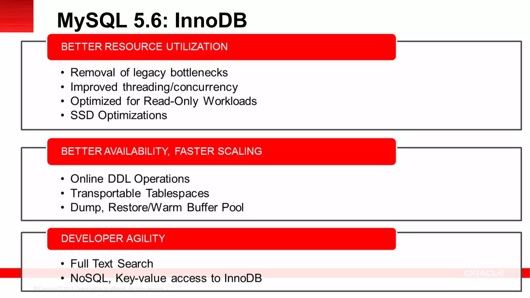Copyright © 2013, Oracle and/or its affiliates. All rights reserved.20
MySQL 5.6: InnoDB
 