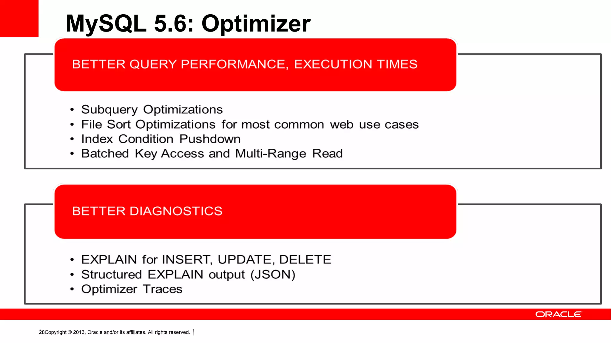 Copyright © 2013, Oracle and/or its affiliates. All rights reserved.28
MySQL 5.6: Optimizer
 