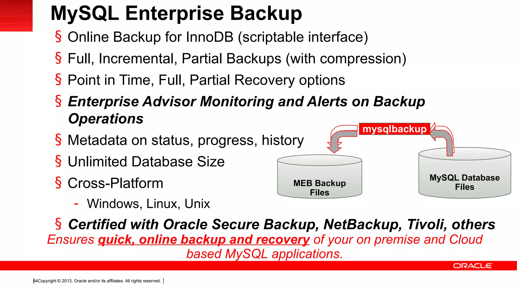 Copyright © 2013, Oracle and/or its affiliates. All rights reserved.54
§ Online Backup for InnoDB (scriptable interface)
§ Full, Incremental, Partial Backups (with compression)
§ Point in Time, Full, Partial Recovery options
§ Enterprise Advisor Monitoring and Alerts on Backup
Operations
§ Metadata on status, progress, history
§ Unlimited Database Size
§ Cross-Platform
- Windows, Linux, Unix
§ Certified with Oracle Secure Backup, NetBackup, Tivoli, others
MEB Backup
Files
MySQL Database
Files
mysqlbackup
Ensures quick, online backup and recovery of your on premise and Cloud
based MySQL applications.
MySQL Enterprise Backup
 