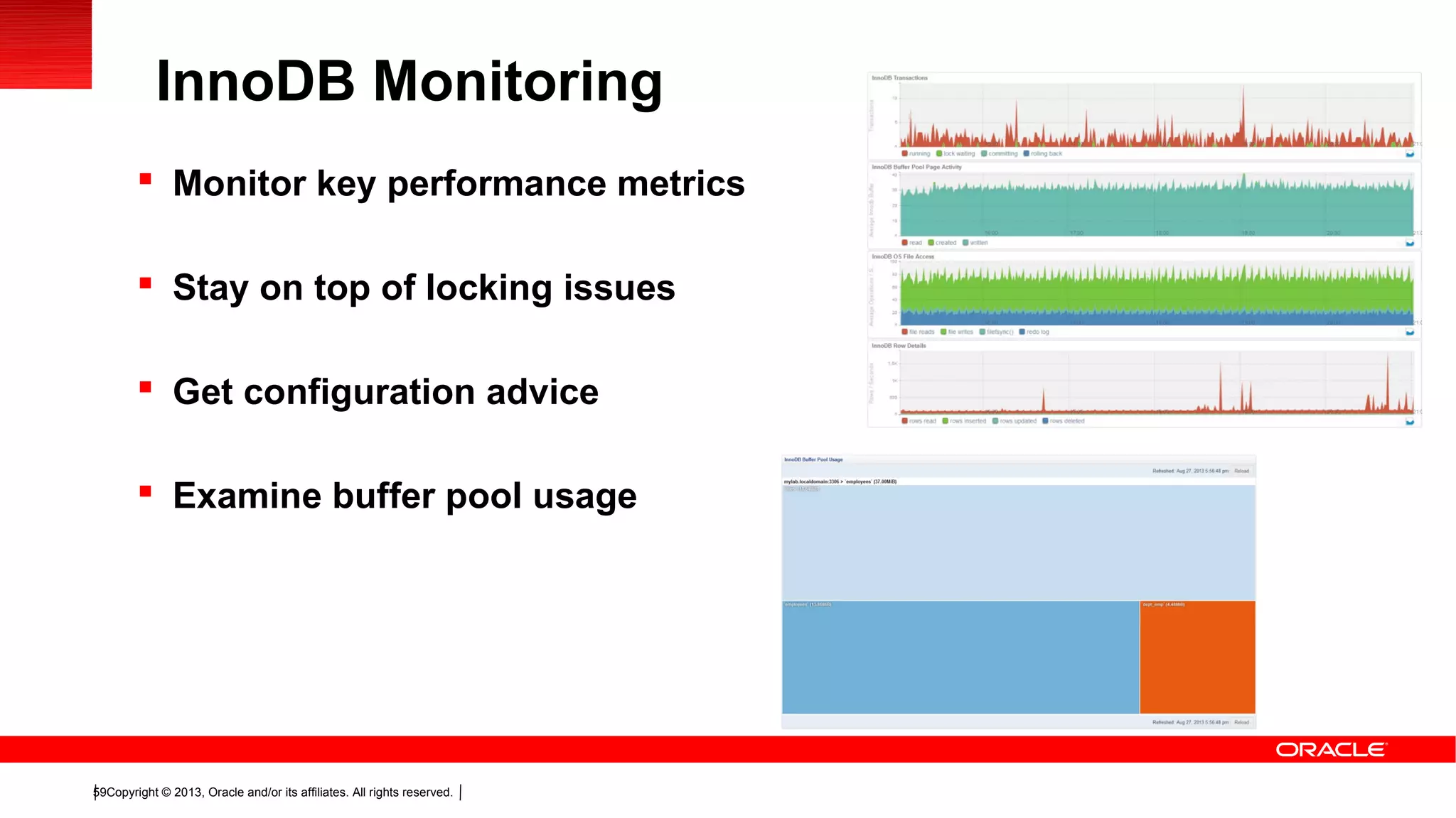 Copyright © 2013, Oracle and/or its affiliates. All rights reserved.59
InnoDB Monitoring
 Monitor key performance metrics
 Stay on top of locking issues
 Get configuration advice
 Examine buffer pool usage
 