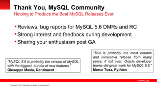 Copyright © 2013, Oracle and/or its affiliates. All rights reserved.3
Thank You, MySQL Community
 Reviews, bug reports for MySQL 5.6 DMRs and RC
 Strong interest and feedback during development
 Sharing your enthusiasm post GA
Helping to Produce the Best MySQL Releases Ever
“MySQL 5.6 is probably the version of MySQL
with the biggest bundle of new features.”
Giuseppe Maxia, Continuent
“This is probably the most notable
and innovative release from many
years, if not ever. Oracle developer
teams did great work for MySQL 5.6.”
Marco Tusa, Pythian
 