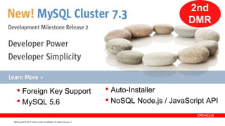 Copyright © 2013, Oracle and/or its affiliates. All rights reserved.52
 Foreign Key Support
 MySQL 5.6
 Auto-Installer
 NoSQL Node.js / JavaScript API
2nd
DMR
 