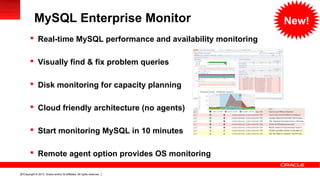 Copyright © 2013, Oracle and/or its affiliates. All rights reserved.57
MySQL Enterprise Monitor
 Real-time MySQL performance and availability monitoring
 Visually find & fix problem queries
 Disk monitoring for capacity planning
 Cloud friendly architecture (no agents)
 Start monitoring MySQL in 10 minutes
 Remote agent option provides OS monitoring
New!
 