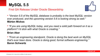 Copyright © 2013, Oracle and/or its affiliates. All rights reserved.6
MySQL 5.5
 “Version 5.5 of the MySQL database is probably is the best MySQL version
ever produced, and the upcoming version 5.6 is looking strong as well.”
Mårten Mickos
 “If you are using MySQL today, and you need a solid path forward on it as a
platform? I’d stick with what Oracle is creating.”
Brian Aker
 "From an engineering standpoint, Oracle is doing the best work on MySQL
that's ever been done. Oracle is doing good, formal software engineering.”
Baron Schwartz
First GA Release Under Oracle Stewardship
 