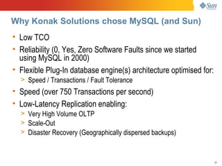 Why Konak Solutions chose MySQL (and Sun)
• Low TCO
• Reliability (0, Yes, Zero Software Faults since we started
  using MySQL in 2000)
• Flexible Plug-In database engine(s) architecture optimised for:
  > Speed / Transactions / Fault Tolerance
• Speed (over 750 Transactions per second)
• Low-Latency Replication enabling:
  > Very High Volume OLTP
  > Scale-Out
  > Disaster Recovery (Geographically dispersed backups)



                                                                    20
 