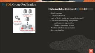 High Available Distributed MySQL DB
Fault tolerance
Automatic failover
Active/Active update anywhere (limits apply)
Automatic membership management
Adding/removing members
Network partitions, failures
Conﬂict detection and resolution
Prevents data loss
MySQL Group Replication
7 / 58
 