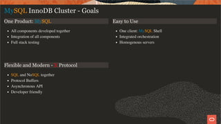 One Product: MySQL
All components developed together
Integration of all components
Full stack testing
Easy to Use
One client: MySQL Shell
Integrated orchestration
Homogenous servers
Flexible and Modern - X Protocol
SQL and NoSQL together
Protocol Buffers
Asynchronous API
Developer friendly
MySQL InnoDB Cluster - Goals
5 / 58
 
