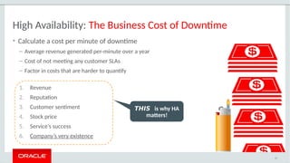 High Availability: The Business Cost of Downtime
• Calculate a cost per minute of downtime
– Average revenue generated per-minute over a year
– Cost of not meeting any customer SLAs
– Factor in costs that are harder to quantify
1. Revenue
2. Reputation
3. Customer sentiment
4. Stock price
5. Service’s success
6. Company’s very existence
17
THIS is why HA
matters!
 