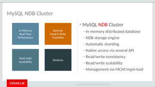 Copyright © 2017 Oracle and/or its affiliates. All rights reserved. |
• MySQL NDB Cluster
–In memory distributed database
–NDB storage engine
–Automatic sharding
–Native access via several API
–Read/write consistency
–Read/write scalability
–Management via MCM/mgm-tool
MySQL NDB Cluster
Rock Solid
Availability
In-Memory
Real-Time
Performance
Extreme
Read & Write
Scalability
Elasticity
 