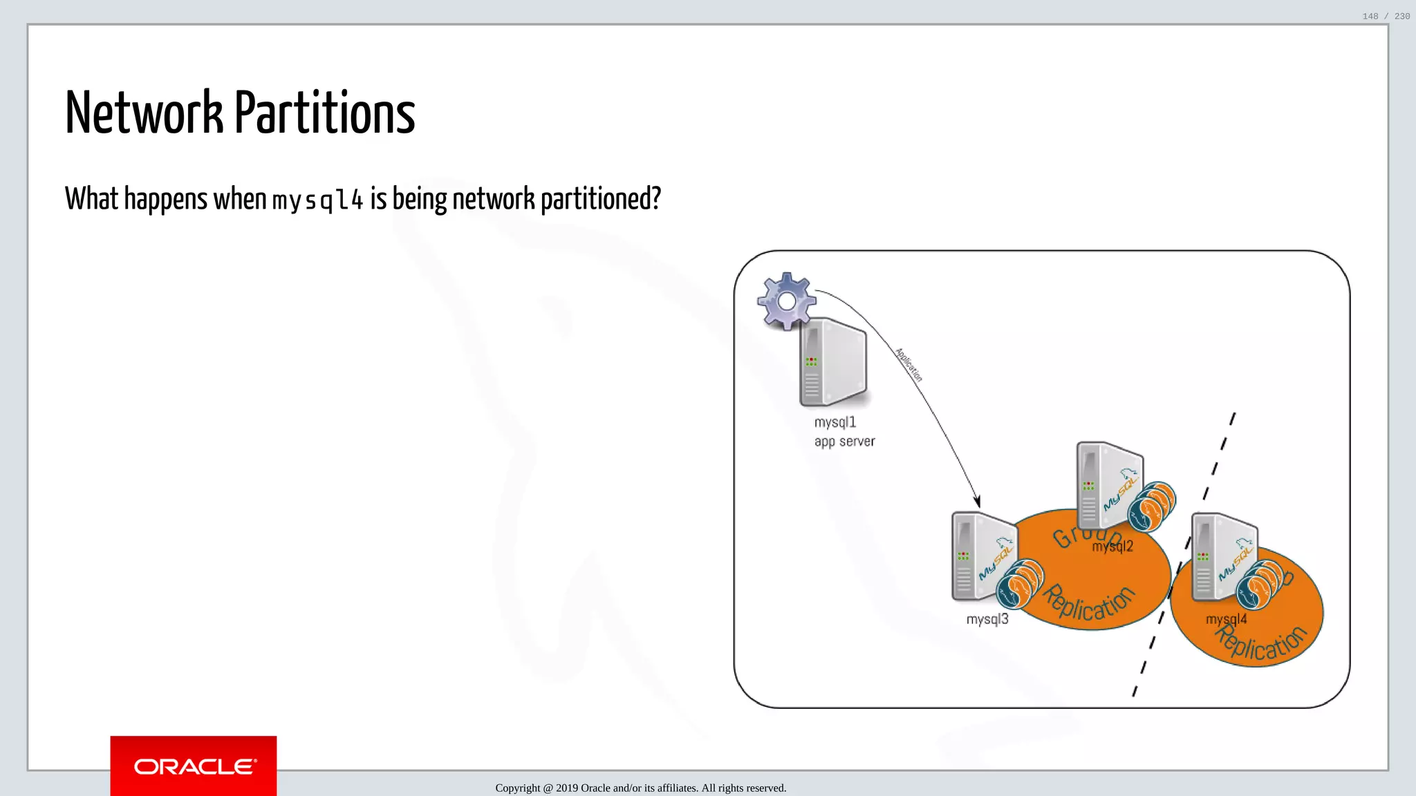 5/25/2019 MySQL InnoDB Cluster and Group Replication in a Nutshell: Hands-On Tutorial ﬁle:///home/fred/workspace/MySQL-InnoDB-Cluster---Nutshell/MySQL InnoDB Cluster - Nutshell.html#226 148/230 Network Partitions What happens when mysql4 is being network partitioned? Copyright @ 2019 Oracle and/or its affiliates. All rights reserved. 148 / 230 