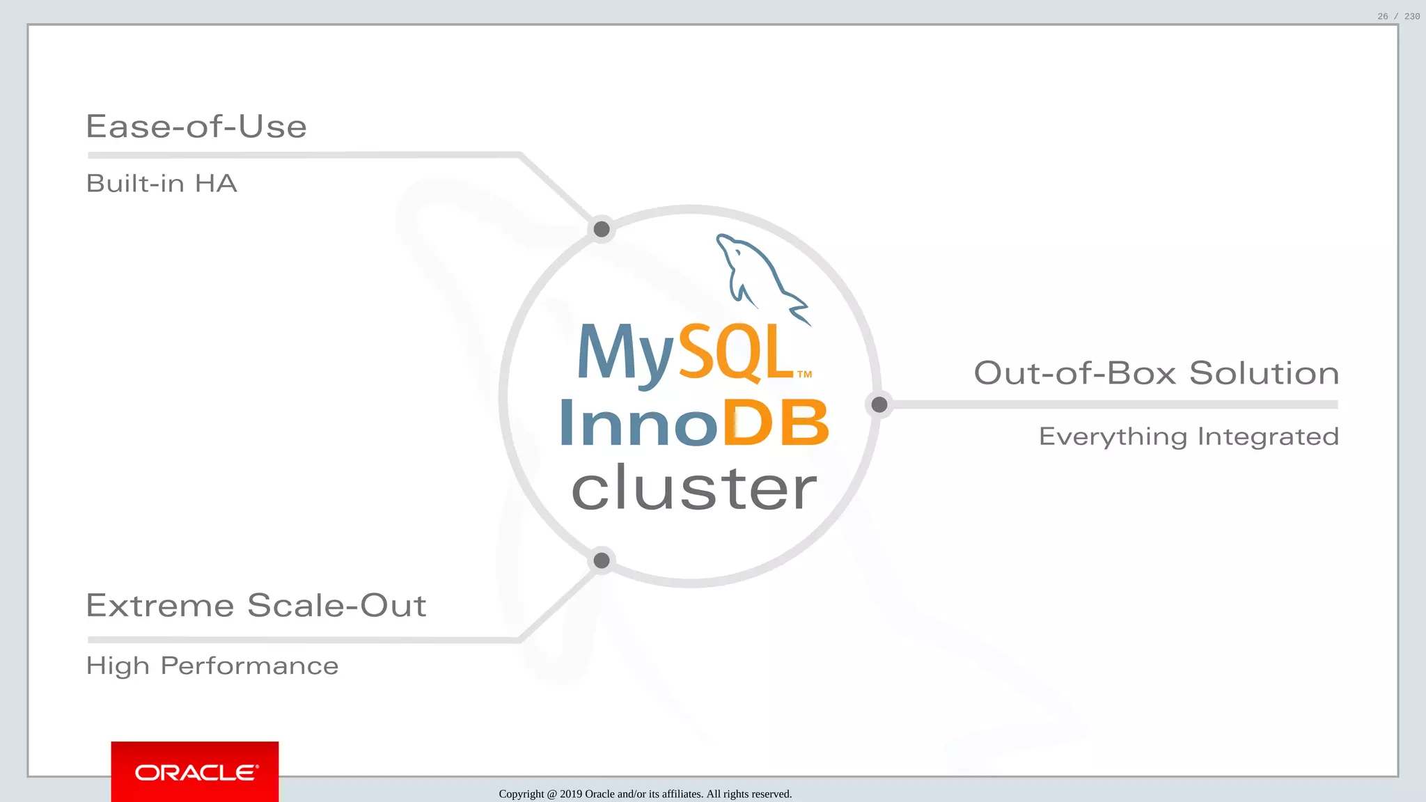 5/25/2019 MySQL InnoDB Cluster and Group Replication in a Nutshell: Hands-On Tutorial ﬁle:///home/fred/workspace/MySQL-InnoDB-Cluster---Nutshell/MySQL InnoDB Cluster - Nutshell.html#226 26/230 InnoDB cluster Ease-of-Use Extreme Scale-Out Out-of-Box Solution Built-in HA High Performance Everything Integrated Copyright @ 2019 Oracle and/or its affiliates. All rights reserved. 26 / 230 