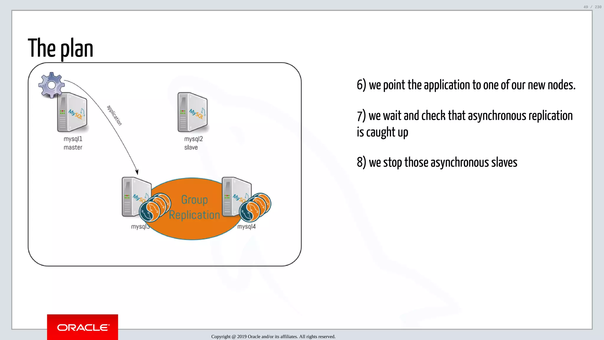 5/25/2019 MySQL InnoDB Cluster and Group Replication in a Nutshell: Hands-On Tutorial ﬁle:///home/fred/workspace/MySQL-InnoDB-Cluster---Nutshell/MySQL InnoDB Cluster - Nutshell.html#226 49/230 6) we point the application to one of our new nodes. 7) we wait and check that asynchronous replication is caught up 8) we stop those asynchronous slaves The plan Copyright @ 2019 Oracle and/or its affiliates. All rights reserved. 49 / 230 