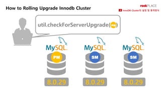 8.0.29
PM SM
util.checkForServerUpgrade( )
PM
SM
8.0.29 8.0.29
How to Rolling Upgrade Innodb Cluster InnoDB Cluster의 설정 및 ...
