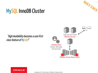  
  "HighAvailabilitybecomesacorefirst
classfeatureofMySQL!"
MySQL InnoDB Cluster
 
Copyright @ 2017 Oracle and/or its affiliates. All rights reserved.
12 / 46
 