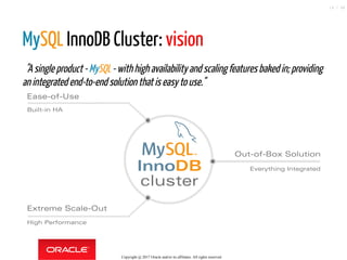 MySQL InnoDB Cluster: vision
  "Asingleproduct-MySQL-withhighavailabilityandscalingfeaturesbakedin;providing
anintegratedend-to-endsolutionthatiseasytouse."
InnoDB
cluster
Ease-of-Use
Extreme Scale-Out
Out-of-Box Solution
Built-in HA
High Performance
Everything Integrated
Copyright @ 2017 Oracle and/or its affiliates. All rights reserved.
14 / 46
 