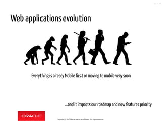 Web applications evolution
Everything is already Mobile first or moving to mobile very soon
 
 
...and it impacts our roadmap and newfeatures priority
Copyright @ 2017 Oracle and/or its affiliates. All rights reserved.
20 / 46
 