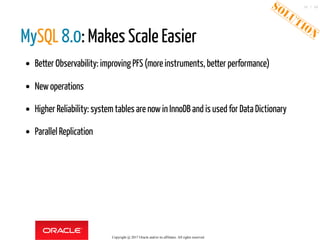 MySQL 8.0: Makes Scale Easier
Better Observability: improving PFS (more instruments, better performance)
Newoperations
Higher Reliability: systemtables are nowin InnoDB and is used for Data Dictionary
Parallel Replication
Copyright @ 2017 Oracle and/or its affiliates. All rights reserved.
36 / 46
 