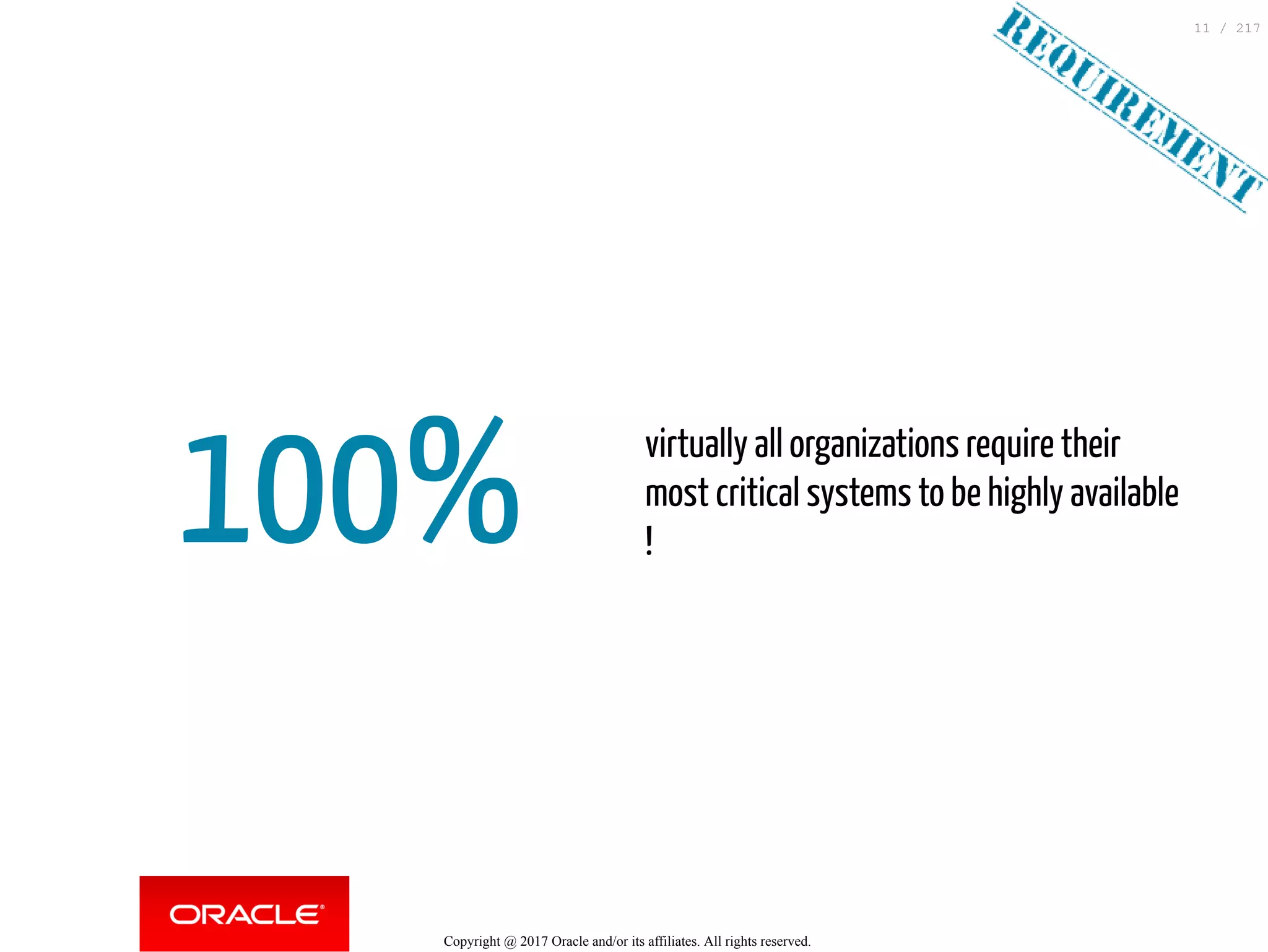100%
 
virtually all organizations require their
most critical systems to be highly available
!
Copyright @ 2017 Oracle and/or its affiliates. All rights reserved.
11 / 217
 