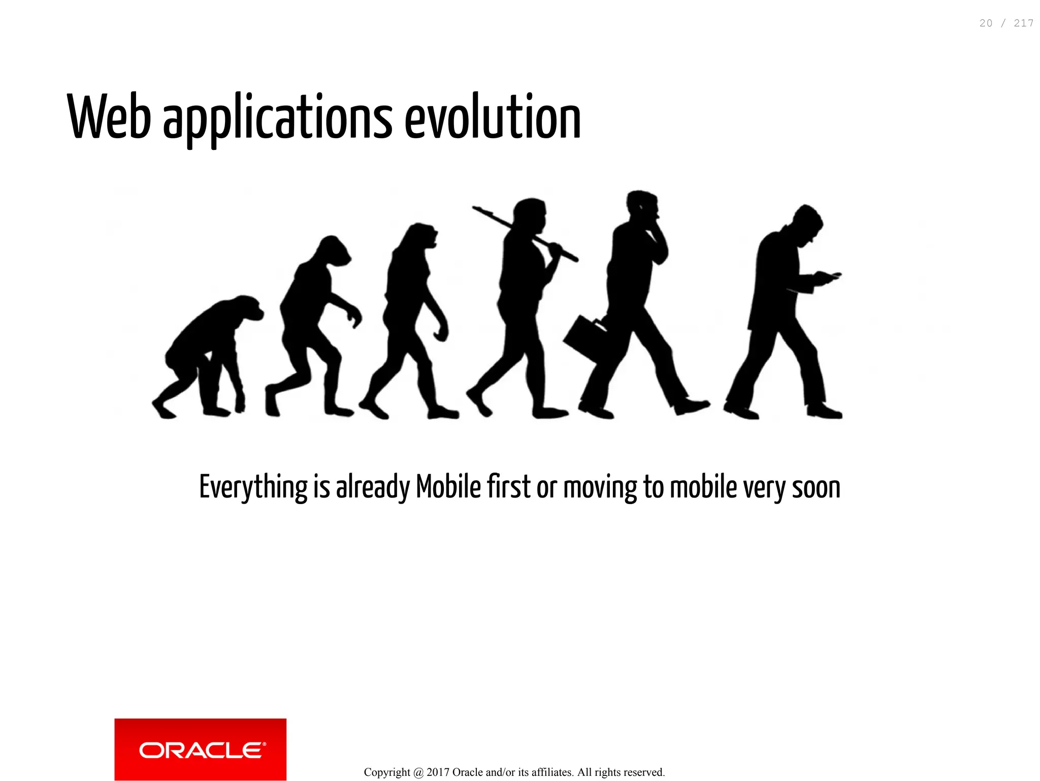 Web applications evolution
Everything is already Mobile first or moving to mobile very soon
Copyright @ 2017 Oracle and/or its affiliates. All rights reserved.
20 / 217
 