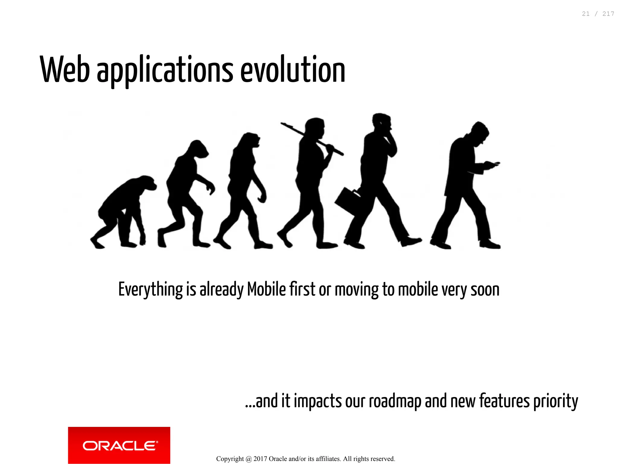 Web applications evolution
Everything is already Mobile first or moving to mobile very soon
 
 
...and it impacts our roadmap and new features priority
Copyright @ 2017 Oracle and/or its affiliates. All rights reserved.
21 / 217
 