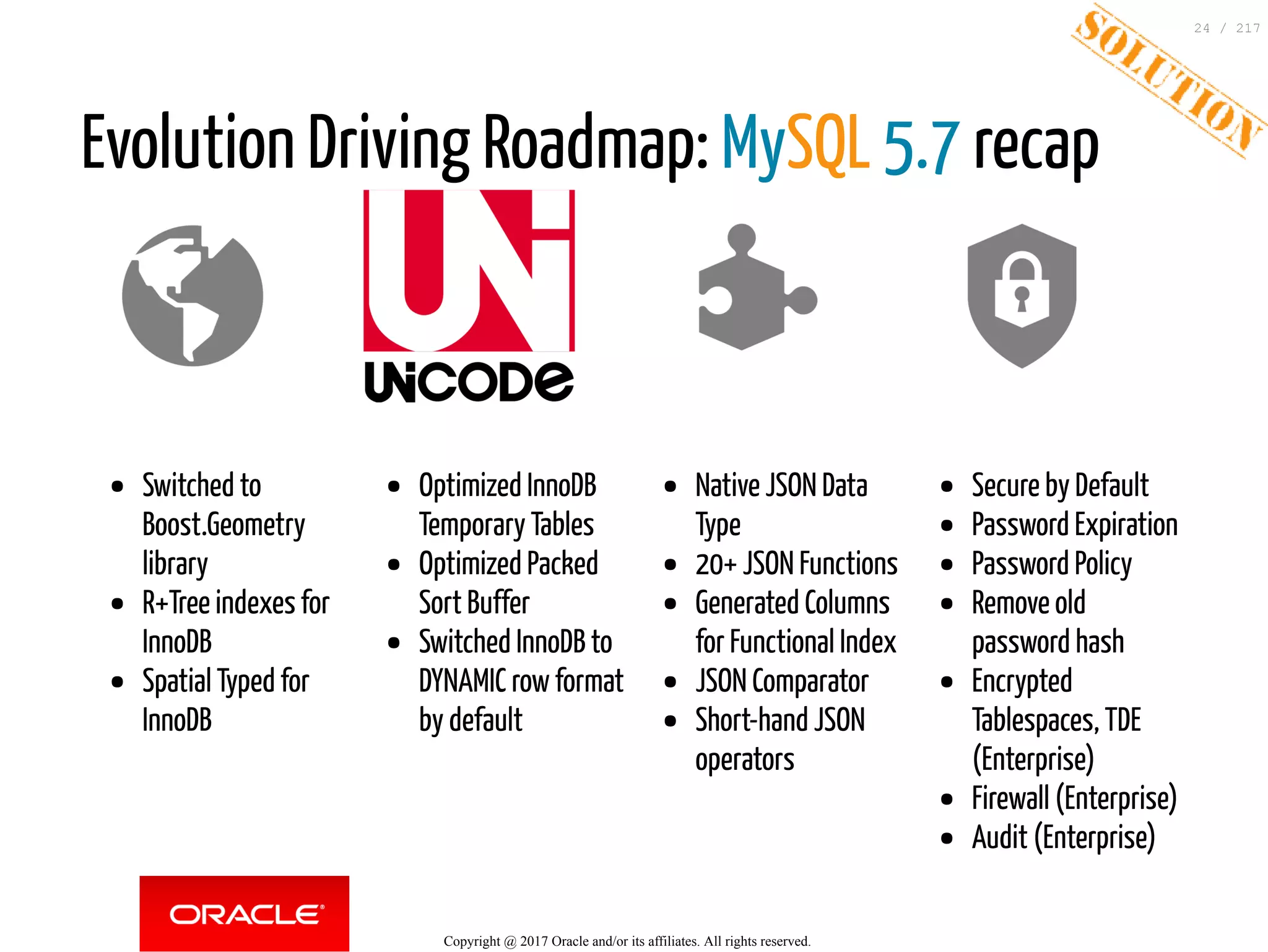 Evolution Driving Roadmap: MySQL 5.7 recap
Switched to
Boost.Geometry
library
R+Tree indexes for
InnoDB
Spatial Typed for
InnoDB
Optimized InnoDB
Temporary Tables
Optimized Packed
Sort Buffer
Switched InnoDB to
DYNAMIC row format
by default
Native JSON Data
Type
20+ JSON Functions
Generated Columns
for Functional Index
JSON Comparator
Short-hand JSON
operators
Secure by Default
Password Expiration
Password Policy
Remove old
password hash
Encrypted
Tablespaces, TDE
(Enterprise)
Firewall (Enterprise)
Audit (Enterprise)
Copyright @ 2017 Oracle and/or its affiliates. All rights reserved.
24 / 217
 