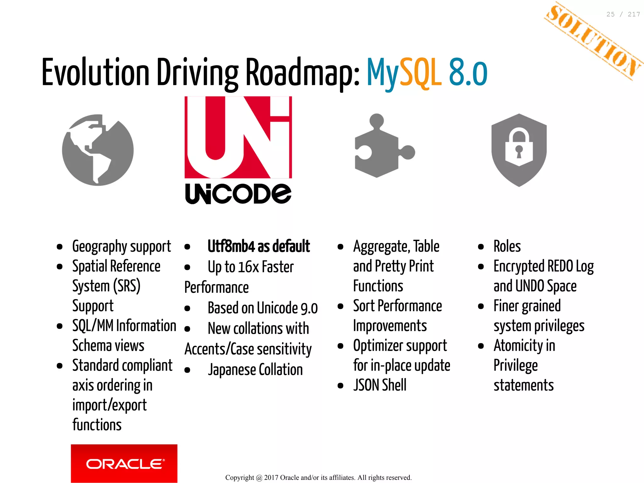 Evolution Driving Roadmap: MySQL 8.0
Geography support
Spatial Reference
System (SRS)
Support
SQL/MM Information
Schema views
Standard compliant
axis ordering in
import/export
functions
Utf8mb4 as default
Up to 16x Faster
Performance
Based on Unicode 9.0
New collations with
Accents/Case sensitivity
Japanese Collation
Aggregate, Table
and Pretty Print
Functions
Sort Performance
Improvements
Optimizer support
for in-place update
JSON Shell
Roles
Encrypted REDO Log
and UNDO Space
Finer grained
system privileges
Atomicity in
Privilege
statements
Copyright @ 2017 Oracle and/or its affiliates. All rights reserved.
25 / 217
 