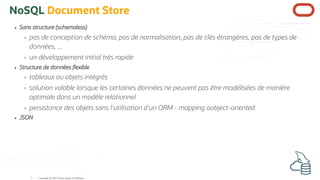 NoSQL Document Store
Sans structure (schemaless)
pas de conception de schéma, pas de normalisation, pas de clés étrangères, pas de types de
données, ...
un développement initial très rapide
Structure de données exible
tableaux ou objets intégrés
solution valable lorsque les certaines données ne peuvent pas être modélisées de manière
optimale dans un modèle relationnel
persistance des objets sans l'utilisation d'un ORM - mapping oobject-oriented
JSON
Copyright @ 2022 Oracle and/or its affiliates.
5
 