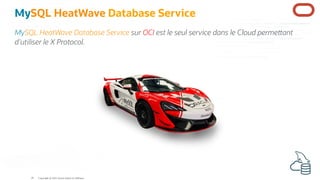 MySQL HeatWave Database Service
MySQL HeatWave Database Service sur OCI est le seul service dans le Cloud perme ant
d'utiliser le X Protocol.
Copyright @ 2022 Oracle and/or its affiliates.
20
 