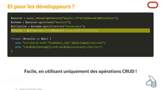 Et pour les développeurs ?
$session
$session =
= mysql_xdevapi
mysql_xdevapi
getSession
getSession(
("mysqlx://fred:MyP@ssw0rd%@localhost"
"mysqlx://fred:MyP@ssw0rd%@localhost")
);
;
$schema
$schema =
= $session
$session->
->getSchema
getSchema(
("docstore"
"docstore")
);
;
$collection
$collection =
= $schema
$schema->
->getCollection
getCollection(
("restaurants"
"restaurants")
);
;
$results
$results =
= $collection
$collection->
->find
find(
($search
$search)
)->
->execute
execute(
()
)->
->fetchAll
fetchAll(
()
);
;
...
...
foreach
foreach (
($results
$results as
as $doc
$doc)
) {
{
echo
echo "<tr><td><a href='?id=${doc[_id]}'>${doc[name]}</a></td>"
"<tr><td><a href='?id=${doc[_id]}'>${doc[name]}</a></td>";
;
echo
echo "<td>${doc[borough]}</td><td>${doc[cuisine]}</td></tr>"
"<td>${doc[borough]}</td><td>${doc[cuisine]}</td></tr>";
;
}
}
Facile, en utilisant uniquement des opérations CRUD !
Copyright @ 2022 Oracle and/or its affiliates.
32
 