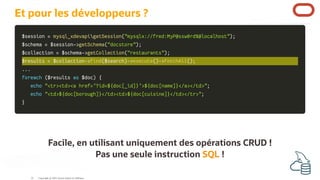 Et pour les développeurs ?
$session
$session =
= mysql_xdevapi
mysql_xdevapi
getSession
getSession(
("mysqlx://fred:MyP@ssw0rd%@localhost"
"mysqlx://fred:MyP@ssw0rd%@localhost")
);
;
$schema
$schema =
= $session
$session->
->getSchema
getSchema(
("docstore"
"docstore")
);
;
$collection
$collection =
= $schema
$schema->
->getCollection
getCollection(
("restaurants"
"restaurants")
);
;
$results
$results =
= $collection
$collection->
->find
find(
($search
$search)
)->
->execute
execute(
()
)->
->fetchAll
fetchAll(
()
);
;
...
...
foreach
foreach (
($results
$results as
as $doc
$doc)
) {
{
echo
echo "<tr><td><a href='?id=${doc[_id]}'>${doc[name]}</a></td>"
"<tr><td><a href='?id=${doc[_id]}'>${doc[name]}</a></td>";
;
echo
echo "<td>${doc[borough]}</td><td>${doc[cuisine]}</td></tr>"
"<td>${doc[borough]}</td><td>${doc[cuisine]}</td></tr>";
;
}
}
Facile, en utilisant uniquement des opérations CRUD !
Pas une seule instruction SQL !
Copyright @ 2022 Oracle and/or its affiliates.
32
 