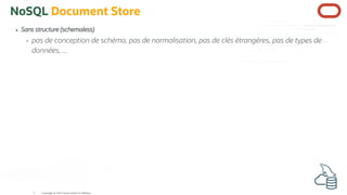 NoSQL Document Store
Sans structure (schemaless)
pas de conception de schéma, pas de normalisation, pas de clés étrangères, pas de types de
données, ...
Copyright @ 2022 Oracle and/or its affiliates.
5
 