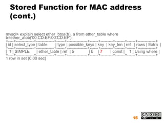 Stored Function for MAC address
  (cont.)

mysql> explain select ether_btoa(b), a from ether_table where
b=ether_atob('00:CD:EF:00:CD:EF');
+----+-------------+-------------+------+---------------+------+---------+-------+------+-------------+
| id | select_type | table        | type | possible_keys | key | key_len | ref | rows | Extra |
+----+-------------+-------------+------+---------------+------+---------+-------+------+-------------+
| 1 | SIMPLE        | ether_table | ref | b              |b |7         | const | 1 | Using where |
+----+-------------+-------------+------+---------------+------+---------+-------+------+-------------+
1 row in set (0.00 sec)




                                                                                    15
 