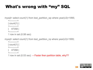 What's wrong with “my” SQL

mysql> select count(1) from test_partition_wp where year(c3)=1995;
  +----------+
  | count(1) |
  +----------+
  | 47358 |
  +----------+
  1 row in set (0.58 sec)

mysql> select count(1) from test_partition_np where year(c3)=1995;
  +----------+
  | count(1) |
  +----------+
  | 47358 |
  +----------+
  1 row in set (0.53 sec) -- Faster then partition table, why??



                                                                     24
 