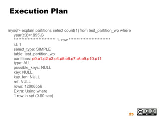 Execution Plan

mysql> explain partitions select count(1) from test_partition_wp where
  year(c3)=1995G
  *************************** 1. row ***************************
  id: 1
  select_type: SIMPLE
  table: test_partition_wp
  partitions: p0,p1,p2,p3,p4,p5,p6,p7,p8,p9,p10,p11
  type: ALL
  possible_keys: NULL
  key: NULL
  key_len: NULL
  ref: NULL
  rows: 12006556
  Extra: Using where
  1 row in set (0.00 sec)



                                                                    25
 