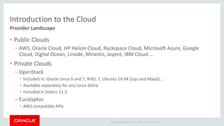 Introduction to the Cloud 
Provider Landscape 
• Public Clouds 
– AWS, Oracle Cloud, HP Helion Cloud, Rackspace Cloud, Microsoft Azure, Google 
Cloud, Digital Ocean, Linode, Mirantis, Joyent, IBM Cloud … 
Copyright © 2014 Oracle and/or its affiliates. All rights reserved. | 
• Private Clouds 
– OpenStack 
• Included in: Oracle Linux 6 and 7, RHEL 7, Ubuntu 14.04 (Juju and MaaS) … 
• Available separately for any Linux distro 
• Included in Solaris 11.2 
– Eucalyptus 
• AWS compatible APIs 
11 
 