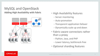 Copyright © 2014 Oracle and/or its affiliates. All rights reserved. | 
MySQL and OpenStack 
Adding High Availability with Fabric 
31 
MySQL Fabric 
Application 
Connector 
Application 
Read-slaves 
SQL 
Read-slaves 
Connector 
• High Availability features 
– Server monitoring 
– Auto-promotion 
– Transparent application failover 
– Dynamically scale up and down 
• Fabric-aware connectors rather 
than a proxy 
– Python, Java, and PHP 
– Lower latency, bottleneck-free 
• Optional sharding features 
 