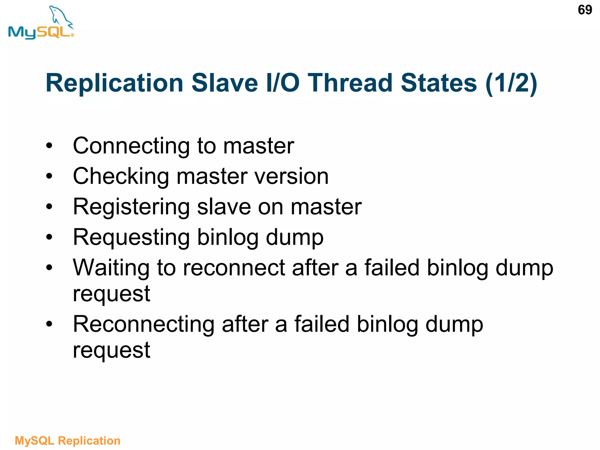 69 • Connecting to master • Checking master version • Registering slave on master • Requesting binlog dump • Waiting to reconnect after a failed binlog dump request • Reconnecting after a failed binlog dump request MySQL Replication Replication Slave I/O Thread States (1/2) 