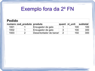 a
           Exemplo fora da 2 FN

Pedido
numero cod_produto produto               quant vl_unit   subtotal
 1001       1      Enxugador de gelo       1         100      100
 1002       1      Enxugador de gelo       3         100      300
 1003       2      Desentortador de banana 2         150      300
 