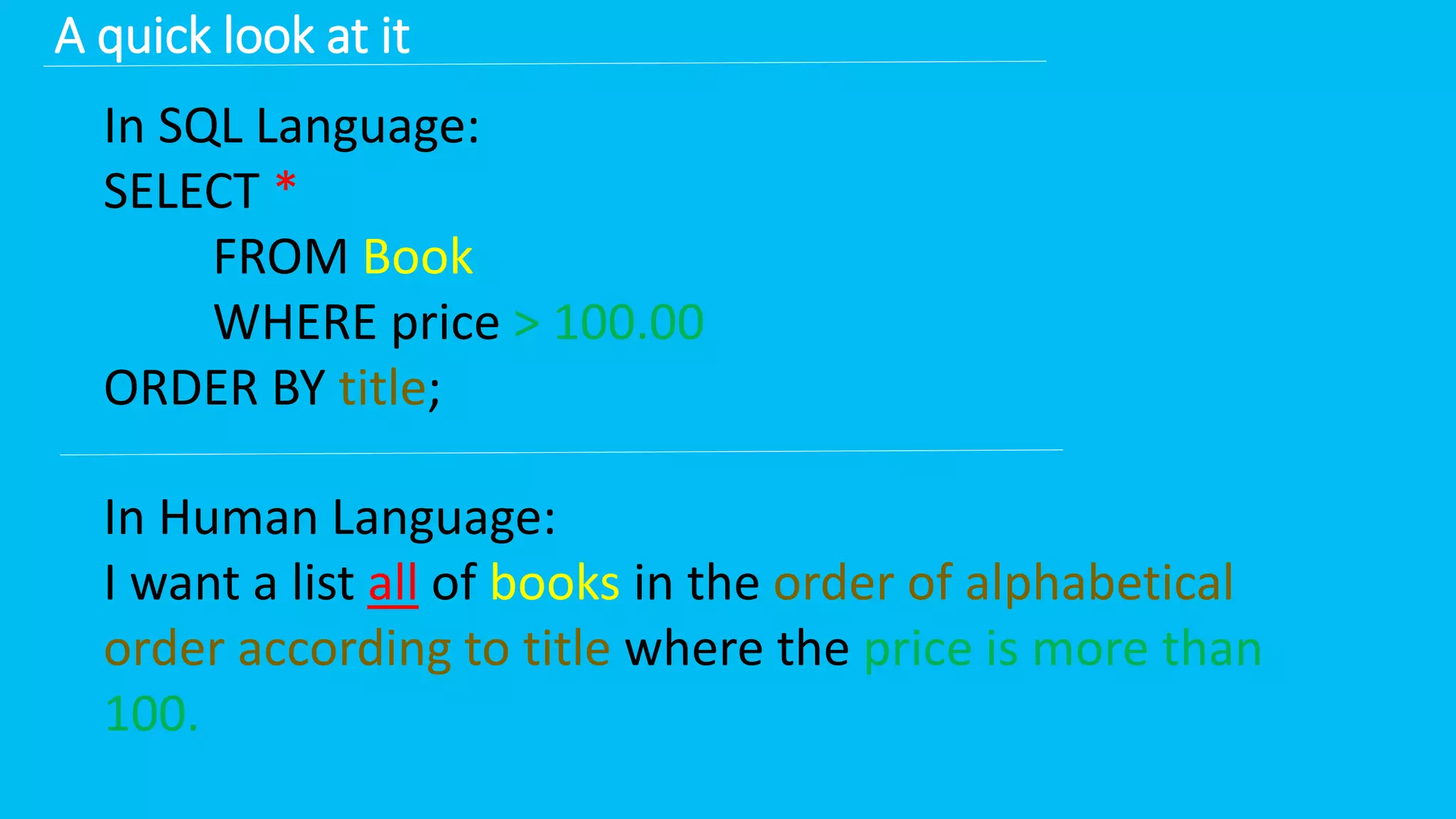 In SQL Language: SELECT * FROM Book WHERE price > 100.00 ORDER BY title; A quick look at it In Human Language: I want a list all of books in the order of alphabetical order according to title where the price is more than 100. 